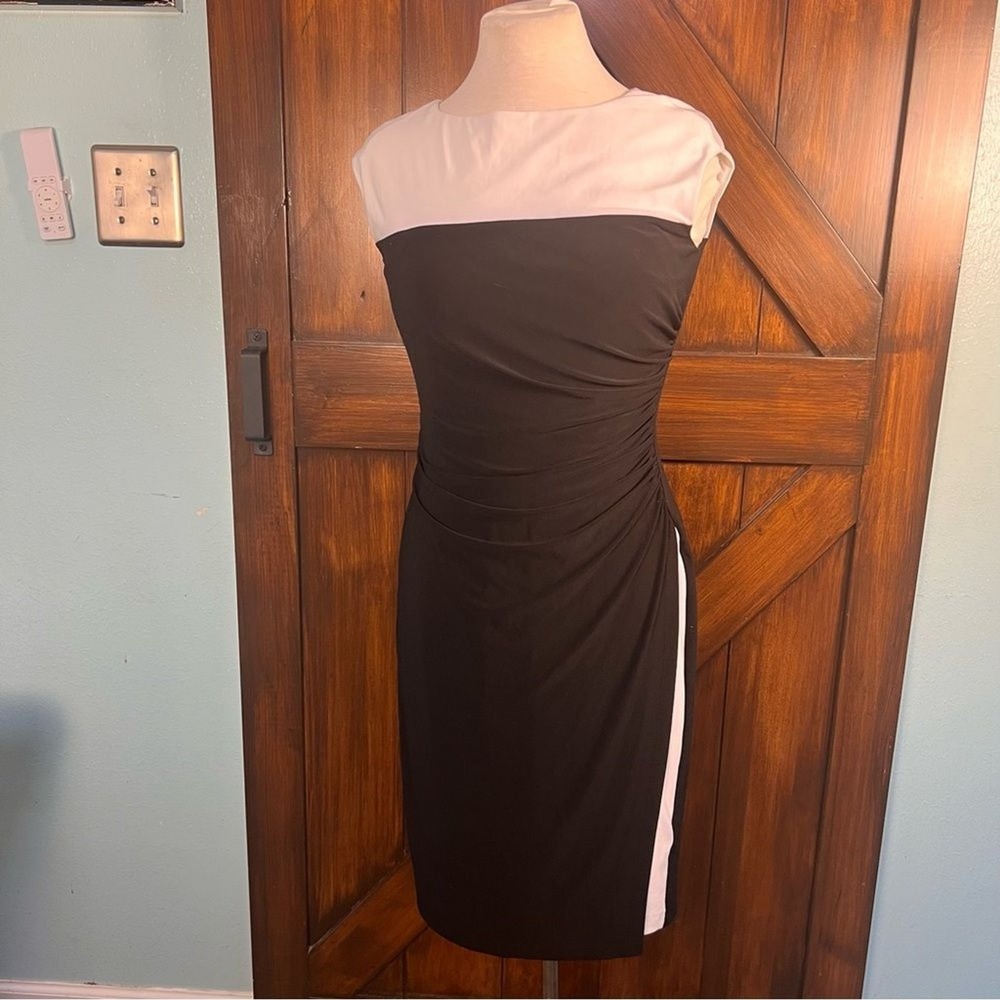 Lauren Ralph Lauren Black Cream Colorblock Ruched Sheath Dress‎ Size 6